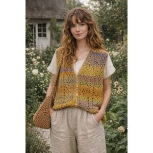 Vintage Pastel Rainbow Iridescent Crochet Knit Sweater Vest S/M Cottage Granny